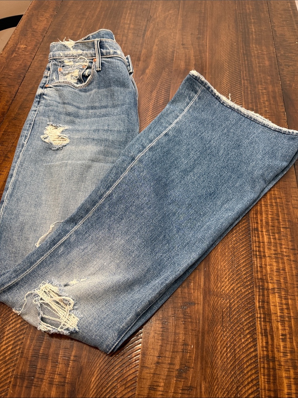 MOTHER Blue Distressed Flare Jeans - Picture 4 of 15